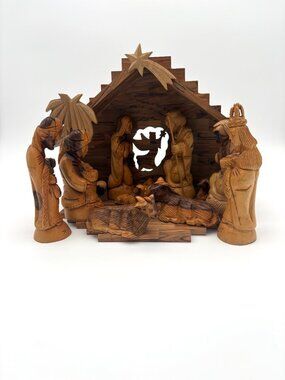 Large 14 Piece Hand Carved Olive Wood Nativity Scene